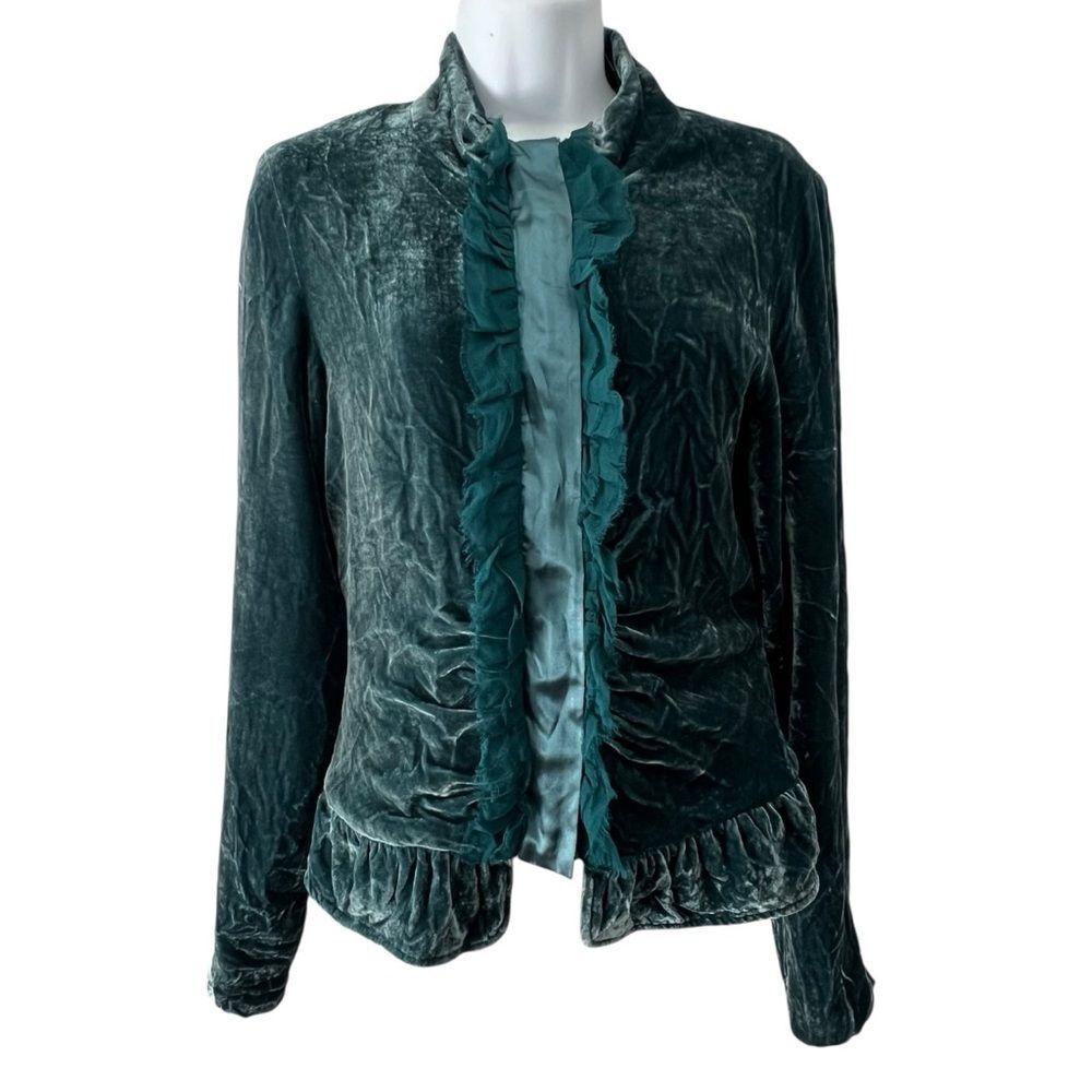Sheri Bodell Silk Crushed Velvet Ruffle BlazerJacket Teal Blue Steampunk Indie